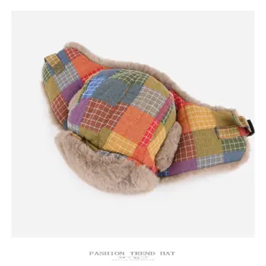 Vintage colorful plaid plush trapper hat for winter, thick warm earflap cotton cap detail.