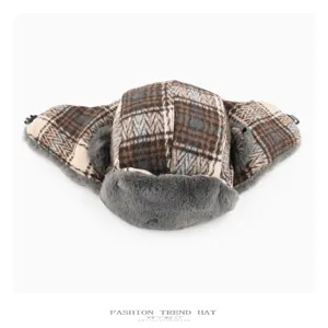Winter warm plaid trapper hat with soft plush lining for windproof outdoor cycling.