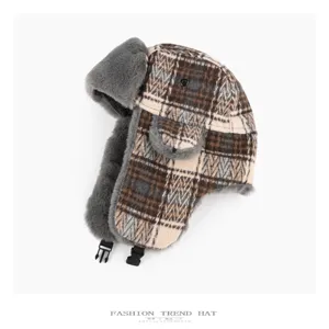 Winter retro plaid ushanka hat with warm plush ear flaps and adjustable chin buckle.
