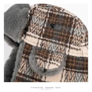 Vintage plaid plush trapper hat autumn winter warm thick windproof earflap bomber cap
