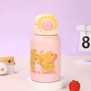 Botella térmica rosa con diseño de elefante lindo, taza de acero inoxidable portátil.