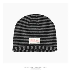 Korean style contrast color striped cuffed beanie hat, warm knit winter cap for women.
