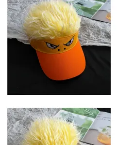 Cappello visiera con parrucca gialla e ricamo viso arrabbiato, novita berretto da spiaggia per unisex.