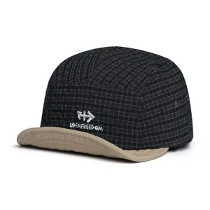 Detail view of the black grid pattern lightweight cap with a khaki flipped brim and front embroidery logo.