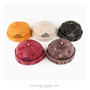 Vintage washed denim docker cap, stylish retro miki hat with mountain embroidery for street.