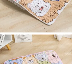 Detailed view of soft quilted pet sleeping mat with cute cartoon bear pattern for dogs and cats.