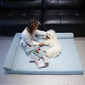 Grand lit rafraichissant pour chien coussin eponge en forme de L tapis d'ete lavable pour animaux