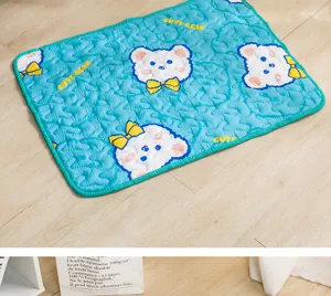 Blue quilted pet mat with cute bear print, non-slip dog cat sleeping pad for all seasons.