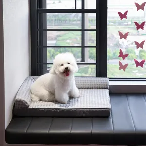 Lit pour chien gris en forme de L avec bord, matelas de sofa rafraîchissant pour animaux