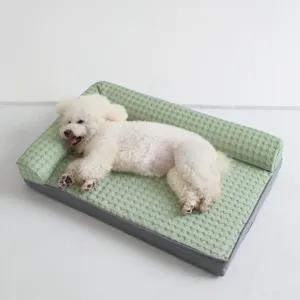 Canape lit rafraichissant pour animaux vert texture en L avec housse lavable.