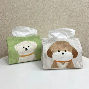 Cute cartoon puppy fabric tissue box detail showcasing cute dog pattern, green and gray colors.
