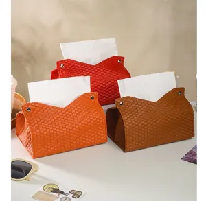 Faux leather woven tissue box holder, stylish desktop napkin dispenser in multiple colors.