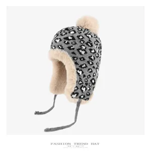 Panterprint pluche gebreide bombermuts winter warm dikke oorflap pet mode outdoor