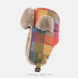 Vintage colorful plaid plush ushanka hat winter warm earflap cap for men and women