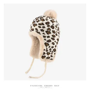 Dames winter leopard print gebreide trapper hoed warme dikke pluche oorklep muts