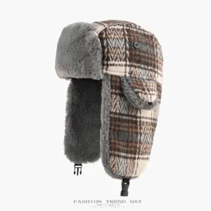 Retro Plaid Plush Bomber Hat Winter Warm Fleece Lined Trapper Ear Protection Cap