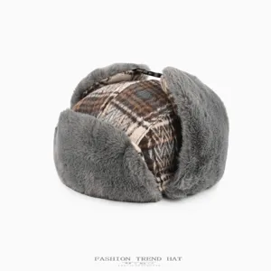 Vintage plaid plush bomber hat, thick warm winter trapper hat with earflaps for men and women.
