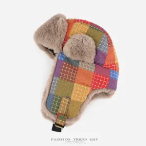 Retro colorful plaid faux fur trapper hat, winter warm cozy earflap bomber hat for adults