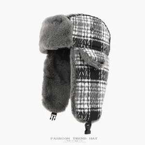 Classic plaid faux fur trapper hat for winter, warm windproof bomber hat with ear flaps.