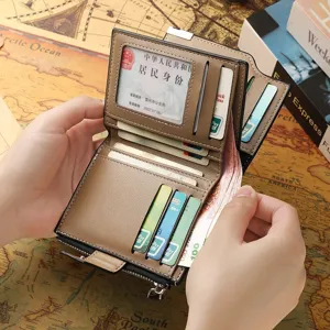 Men's short genuine leather wallet multi-functional card holder with coin pocket and ID window.