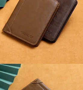 Close-up detail of premium men's vertical two-fold leather wallet texture and stitching.