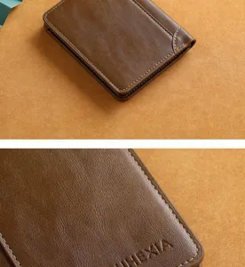 Brown men's vertical two-fold wallet with fine texture, durable stitching, and detail view.