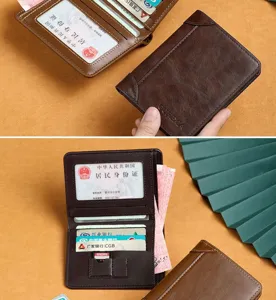 Men's vertical bi-fold leather wallet with multiple card slots and secure ID window.