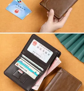 Men's vertical bifold cowhide texture leather wallet with multiple card slots and ID window.