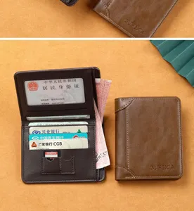 Men's vertical short bifold leather wallet with multiple card slots and clear ID window.