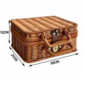 Retro Wicker Storage Basket Portable Rattan Gift Box Snack Organizer for Wedding Party