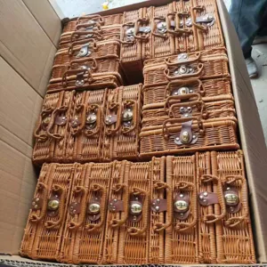 Retro woven storage basket portable rattan suitcase vintage gift box organizer box