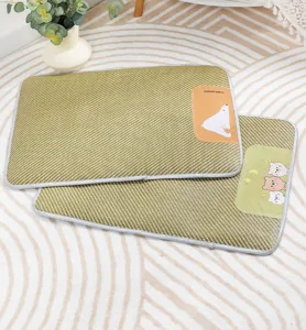 Breathable summer pet cooling mat for dogs and cats, woven cooling pad with cute bear pattern.