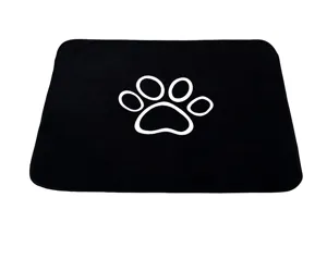 Black coral velvet pet pee pad detail view with white paw print, washable dog mat.