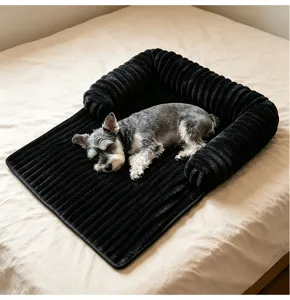Black corduroy pet sofa bed, thickened warm dog mat for cats and dogs, cozy sleeping cushion.