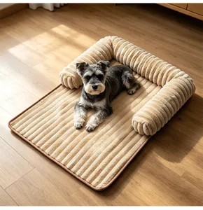 Cozy plush ribbed dog bed warm fleece pet sofa with raised rim for extra comfort and rest.