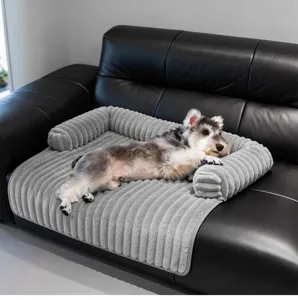 Grey striped fleece pet sofa mat, thickened plush dog bed protector for couch and pets.