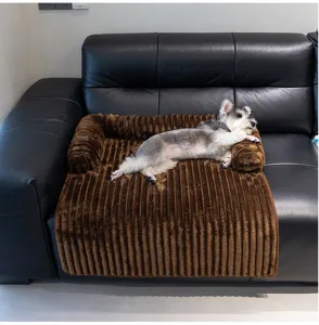Detailed view of the brown ribbed plush pet sofa bed, cozy dog mat for small cats and dogs.