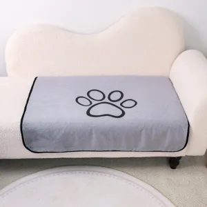 Grey pet pee pad with black paw print coral fleece waterproof washable dog mat for couch