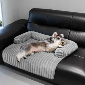 Grey ribbed plush pet sofa bed, warm thick dog mat and couch protector for cats and dogs.