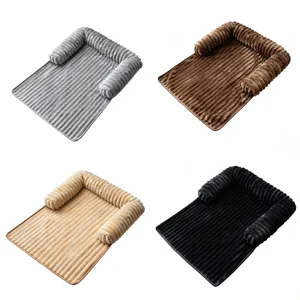 Comfortable pet sofa bed with raised edges, thick plush striped mat for dogs and cats warm sleeping.
