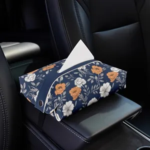 Car tissue box PU leather navy blue floral pattern tissue holder for auto armrest box