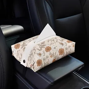 Vintage floral car tissue holder, elegant PU leather armrest paper napkin box container.