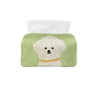 Cute green cartoon puppy detail fabric tissue box for home decor, soft textile material.