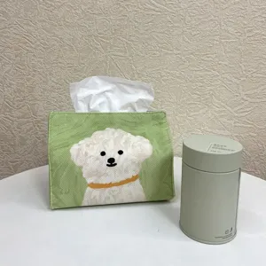 Green cute cartoon puppy fabric tissue box holder, lovely desktop paper storage case for home use.