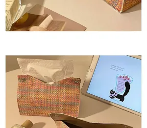 Colorful woven tissue box for living room desktop storage, stylish home decor and organizer.
