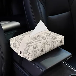 Car tissue box with elegant floral pattern, PU leather armrest holder, stylish in-car decor.