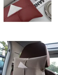Leather car tissue box holder, sleek hanging organizer for auto seat back and table.
