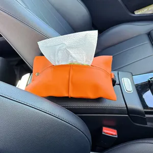 Orange leather car tissue box, creative auto interior armrest organizer and paper holder.