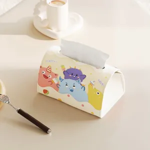 Leather tissue box with cute cartoon monster prints for living room car desktop storage.
