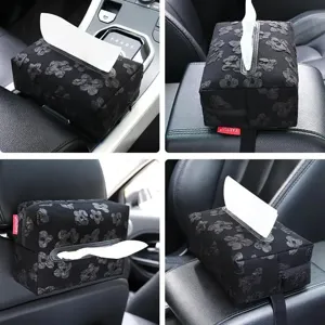 Portafazzoletti per auto in tessuto floreale nero, elegante dispenser da appendere.